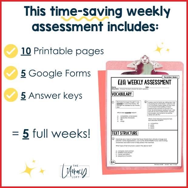 4th Grade ELA Reading Comprehension Morning Work Assessment Winter Review - Dec