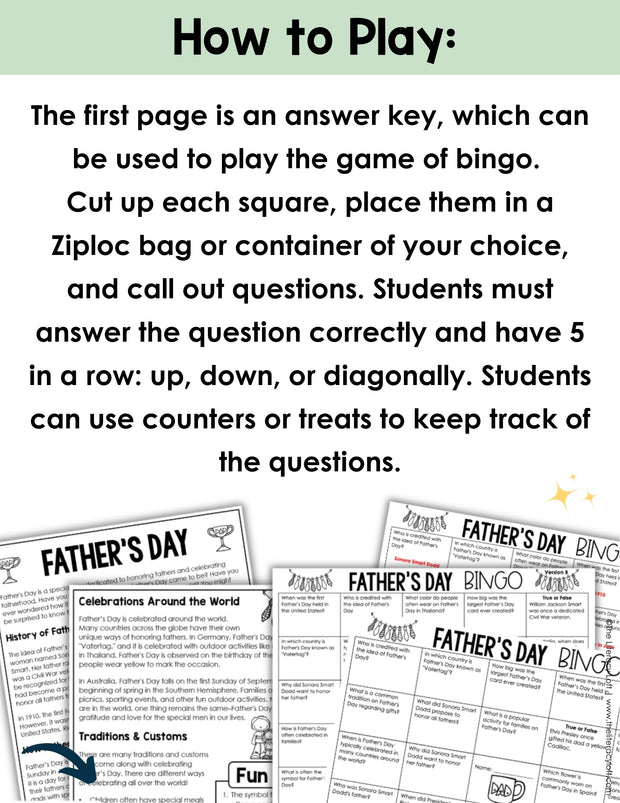 Summer School Reading Bingo Activity Pages Father's Day Game Worksheet 3rd-5th