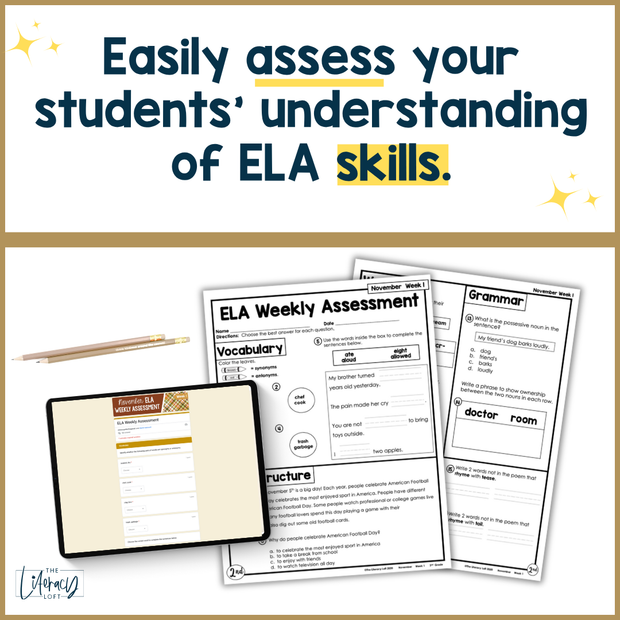 2nd Grade ELA Reading Comprehension November Morning Work Assessment Elementary