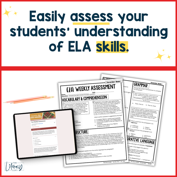 8th Grade ELA Reading Comprehension Morning Work Assessment Winter Review - Dec