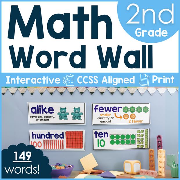 2nd Grade Math Review Word Wall Vocabulary Posters Fun Decor ESL Cards