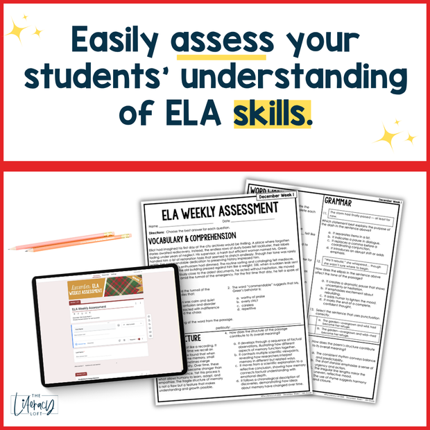 10th Grade ELA Reading Comprehension Morning Work Assessment Winter Review - Dec