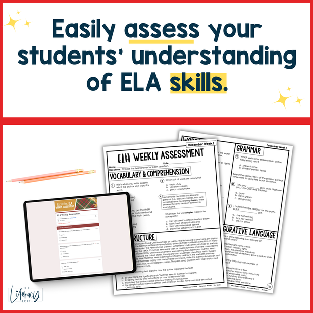 7th Grade ELA Reading Comprehension Morning Work Assessment Review Winter - Dec