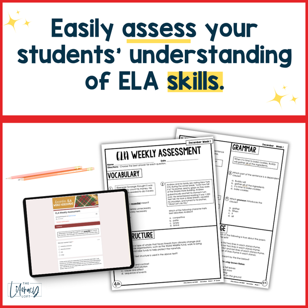4th Grade ELA Reading Comprehension Morning Work Assessment Winter Review - Dec