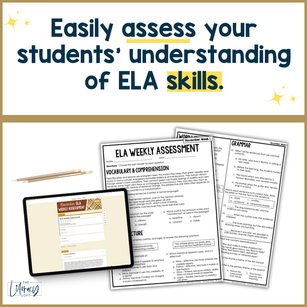 9th Grade ELA Reading Comprehension November Fall Morning Work Assessment Thanksgiving High School