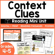 4th 5th Grade Context Clues Reading Comprehension Unit Vocabulary Worksheets Graphic Organizers Posters