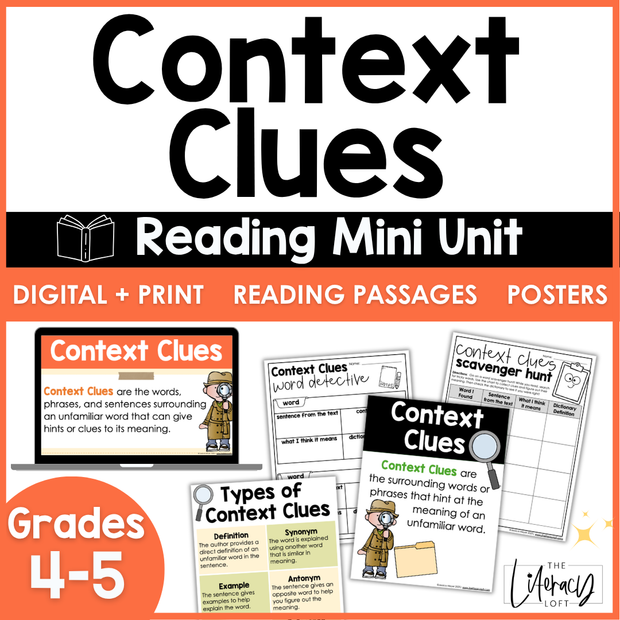 4th 5th Grade Context Clues Reading Comprehension Unit Vocabulary Worksheets Graphic Organizers Posters