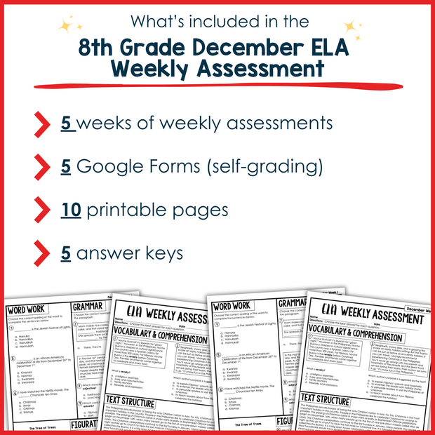 8th Grade ELA Reading Comprehension Morning Work Assessment Winter Review - Dec