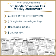 5th Grade ELA Reading Comprehension November Fall Morning Work Assessment Thanksgiving