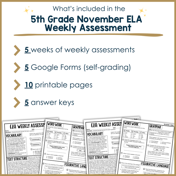 5th Grade ELA Reading Comprehension November Fall Morning Work Assessment Thanksgiving