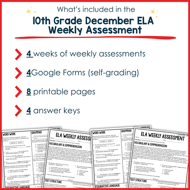 10th Grade ELA Reading Comprehension Morning Work Assessment Winter Review - Dec