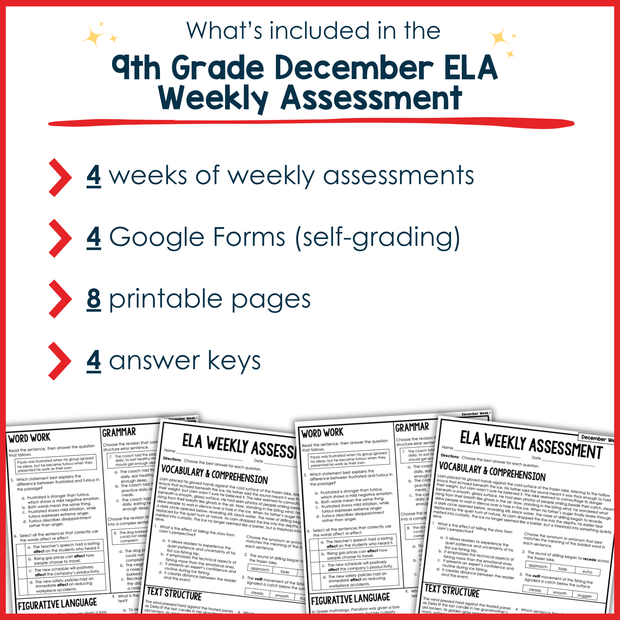 9th Grade ELA Reading Comprehension Morning Work Assessment Winter Review - Dec