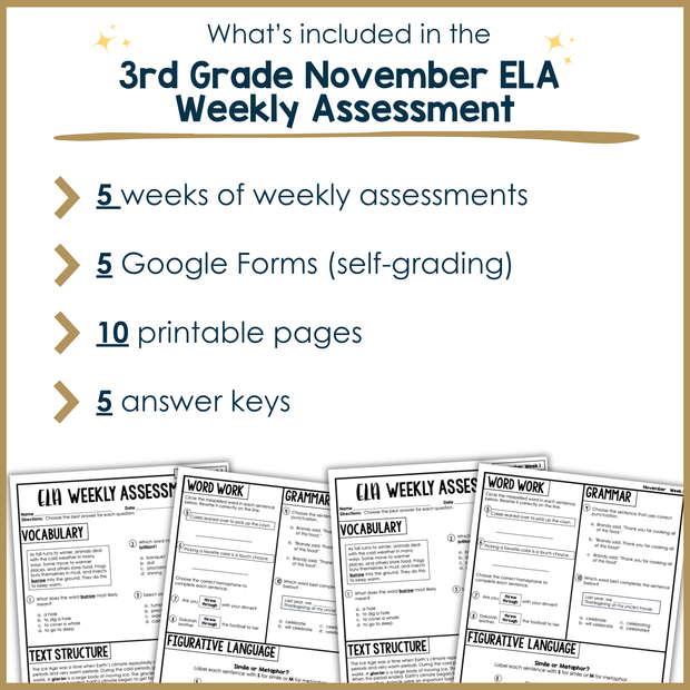 3rd Grade ELA Reading Comprehension November Morning Work Assessment Elementary