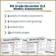 8th Grade ELA Reading Comprehension November Morning Work Assessment Daily Review