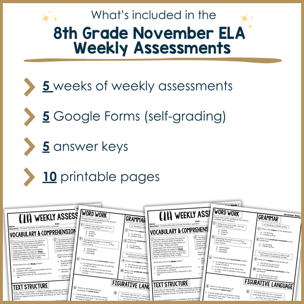 8th Grade ELA Reading Comprehension November Morning Work Assessment Daily Review