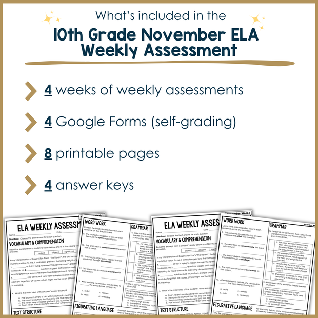10th Grade ELA Reading Comprehension November Fall Morning Work Assessment Thanksgiving High School