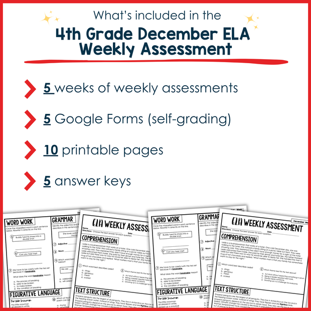 4th Grade ELA Reading Comprehension Morning Work Assessment Winter Review - Dec