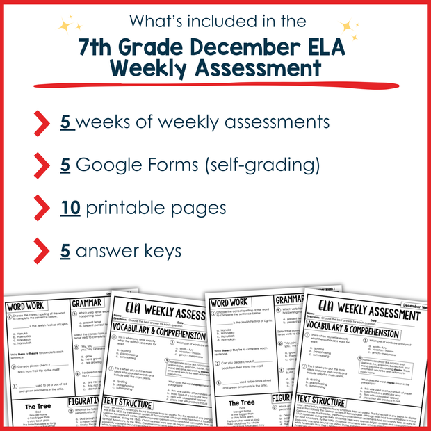 7th Grade ELA Reading Comprehension Morning Work Assessment Review Winter - Dec