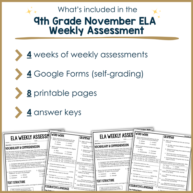 9th Grade ELA Reading Comprehension November Fall Morning Work Assessment Thanksgiving High School