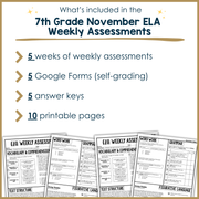 7th Grade ELA Reading Comprehension November Morning Work Assessment Daily Review