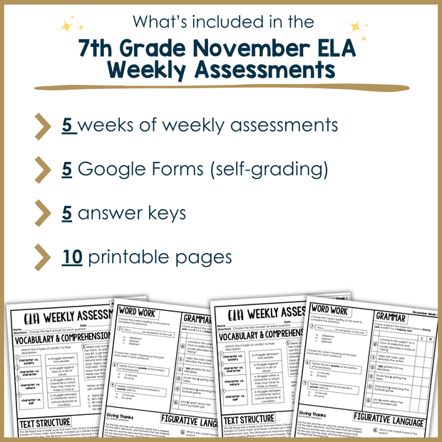 7th Grade ELA Reading Comprehension November Morning Work Assessment Daily Review
