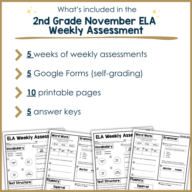 2nd Grade ELA Reading Comprehension November Morning Work Assessment Elementary