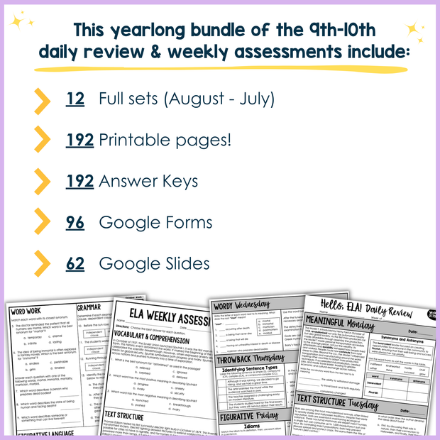 9th-10th Grade ELA Daily Review & Assessment Reading Comprehension Bundle High School