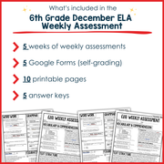 6th Grade ELA Reading Comprehension Morning Work Assessment Winter Review - Dec