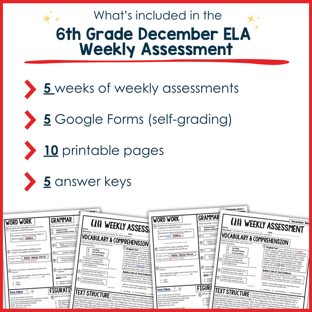 6th Grade ELA Reading Comprehension Morning Work Assessment Winter Review - Dec