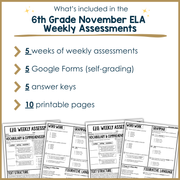 6th Grade ELA Reading Comprehension November Morning Work Assessment Daily Review