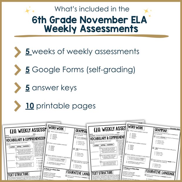 6th Grade ELA Reading Comprehension November Morning Work Assessment Daily Review