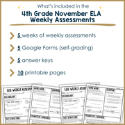 4th Grade ELA Reading Comprehension November Morning Work Assessment Elementary