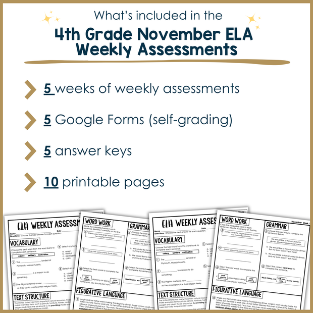 4th Grade ELA Reading Comprehension November Morning Work Assessment Elementary