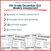 5th Grade ELA Reading Comprehension Morning Work Assessment Winter Review - Dec
