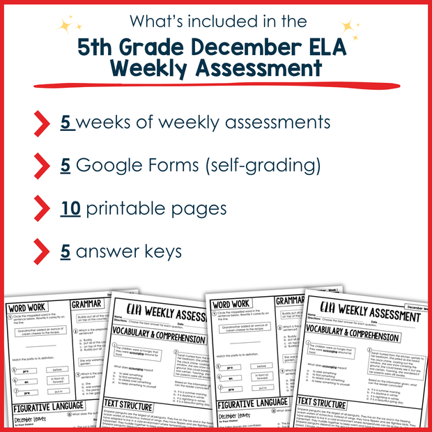 5th Grade ELA Reading Comprehension Morning Work Assessment Winter Review - Dec