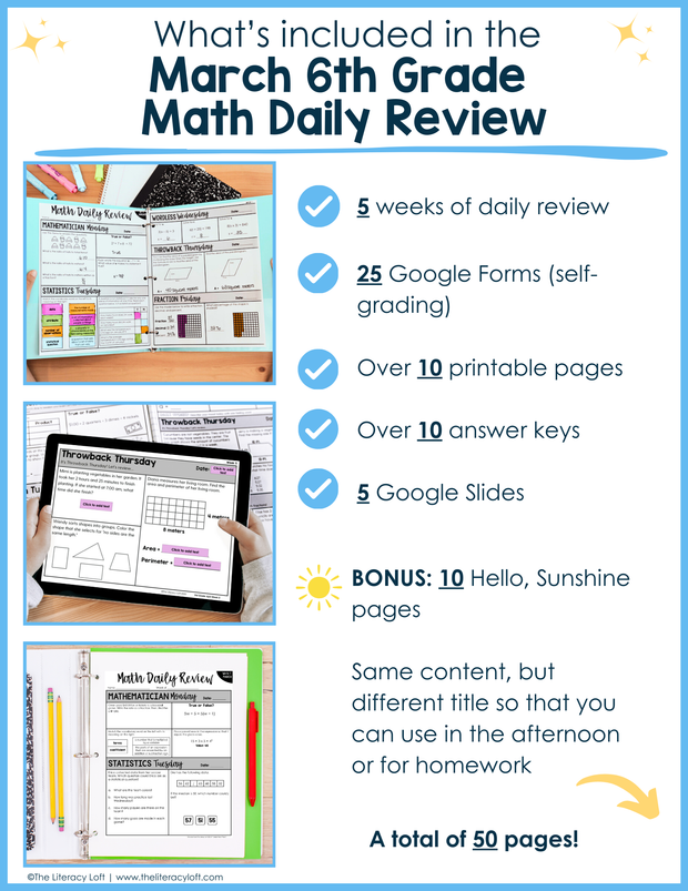 Math Daily Review 6th Grade {March} | Distance Learning | Google Apps