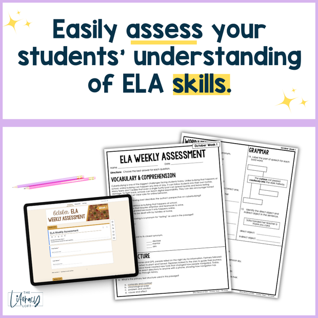9th Grade Reading Comprehension ELA Morning Work Assessment Bundle High School