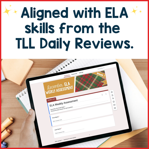 5th Grade ELA Reading Comprehension Morning Work Assessment Winter Review - Dec