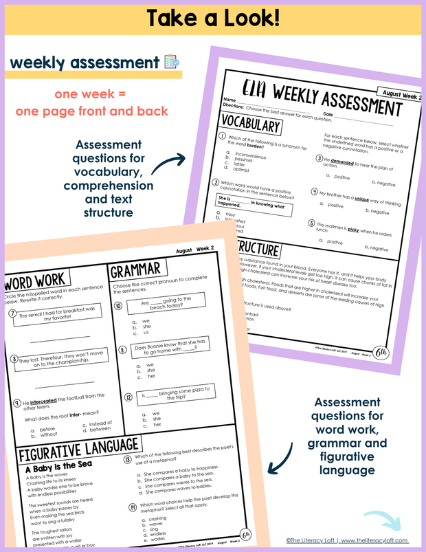 ELA Weekly Assessments 6th Grade  | Printable | Google Forms