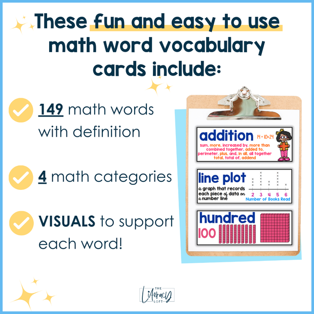 2nd Grade Math Review Word Wall Vocabulary Posters Fun Decor ESL Cards