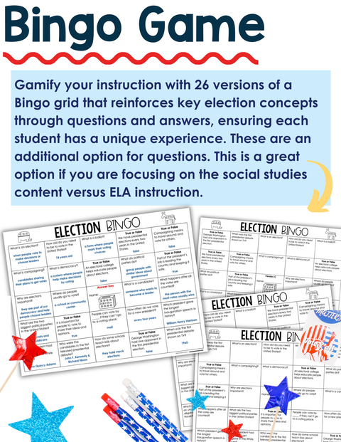 2024 Presidential Election Reading Comprehension Bingo 3rd 4th 5th Grade Passages Questions Graphic Organizers Writing Prompts