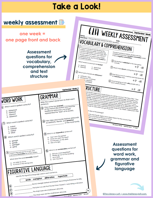 ELA Weekly Assessments 7th Grade  | Printable | Google Forms