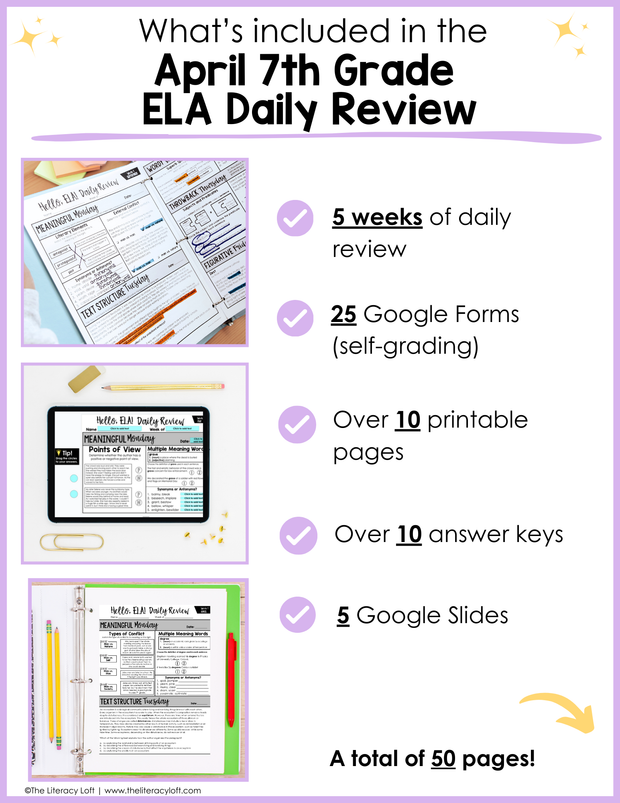 ELA Daily Review 7th Grade {April} | Distance Learning | Google Slides and Forms