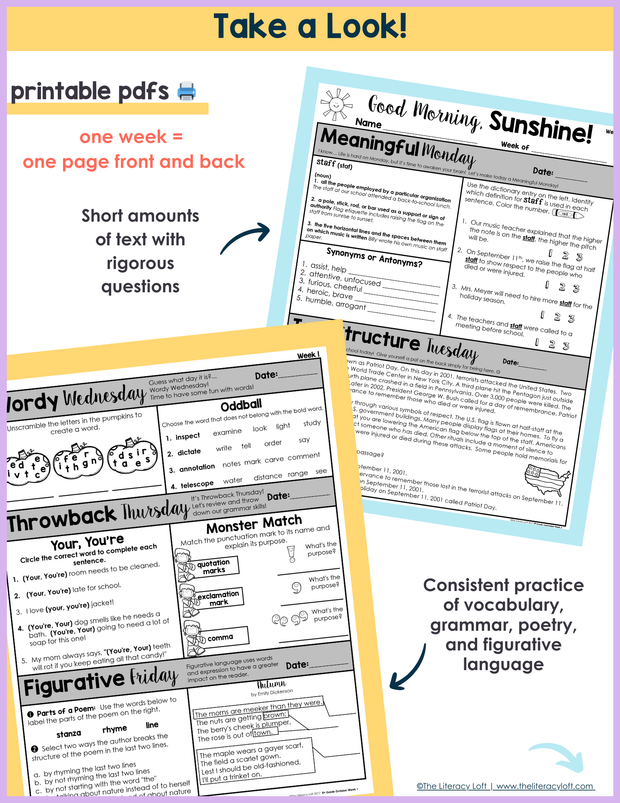 5th Grade ELA Morning Work and Weekly Assessments Bundle