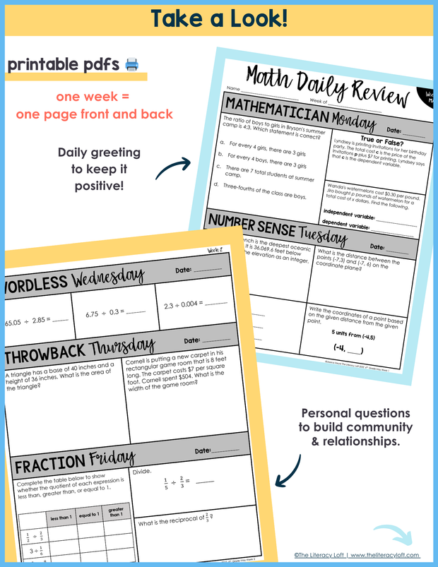 6th Grade Math Daily Review and Weekly Assessments Bundle