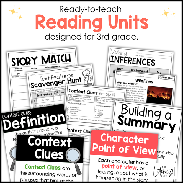 3rd Grade Reading Comprehension Mini Unit Bundle Worksheets Activities Exit Tickets Posters