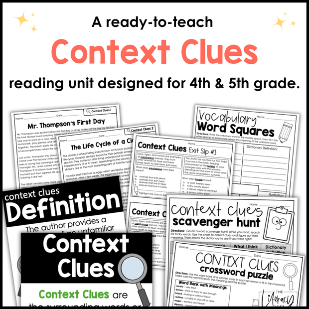 4th 5th Grade Context Clues Reading Comprehension Unit Vocabulary Worksheets Graphic Organizers Posters