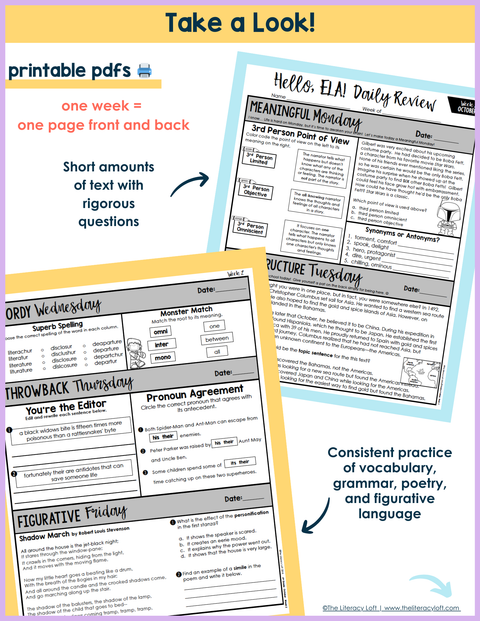 6th Grade ELA Daily Review and Weekly Assessment Bundle