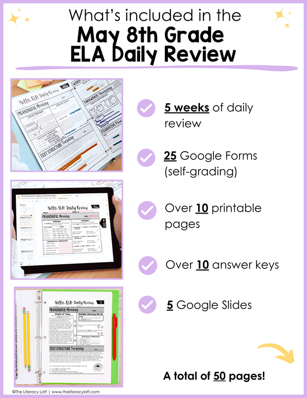 ELA Daily Review 8th Grade {May} | Distance Learning | Google Slides and Forms