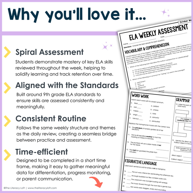 9th Grade Reading Comprehension ELA Morning Work Assessment Bundle High School